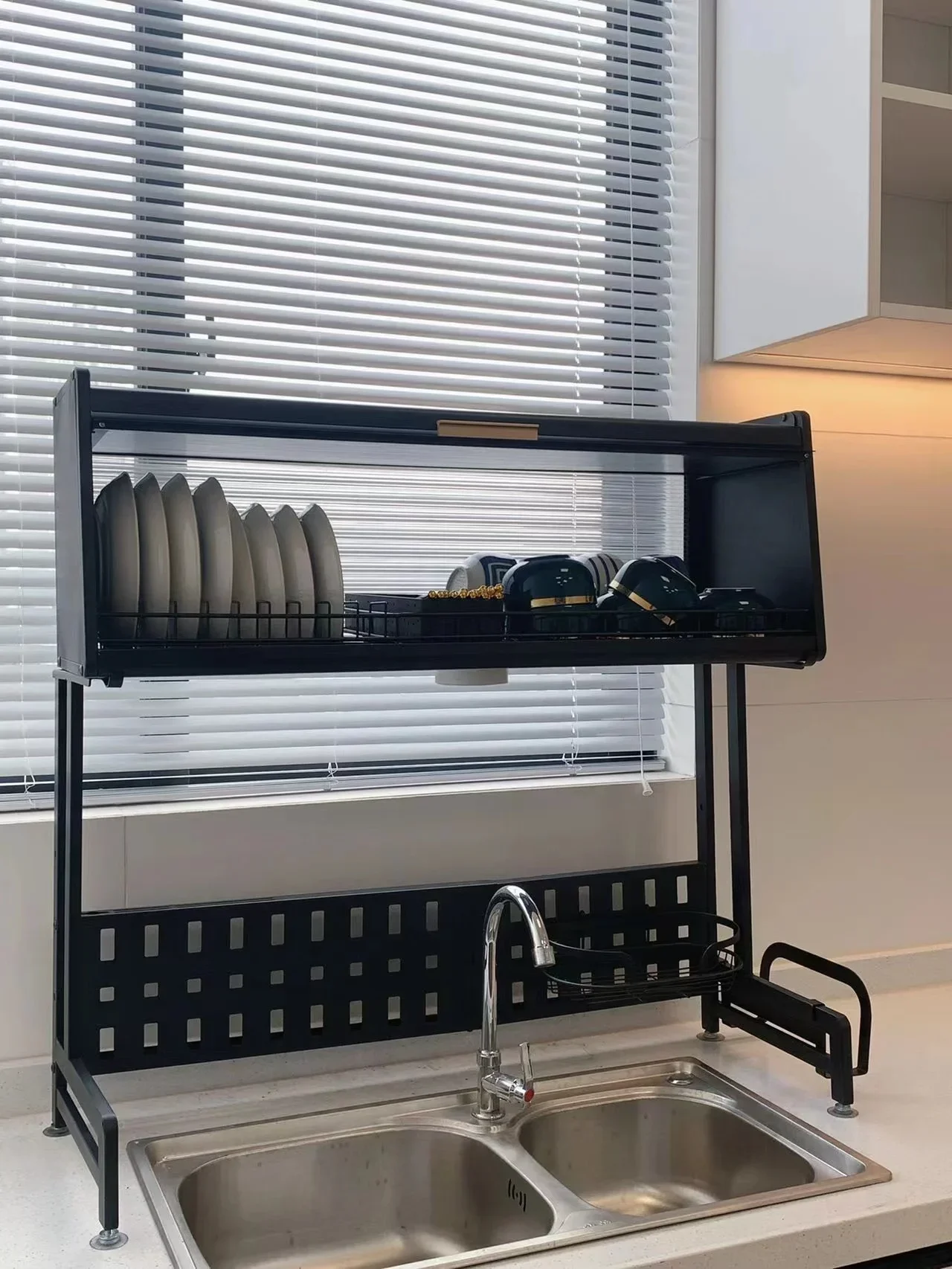 Kitchen Sink Storage Shelf Draining Rack Dish Rack Retractable Dish Rack with Door Dish Storage Cabinet