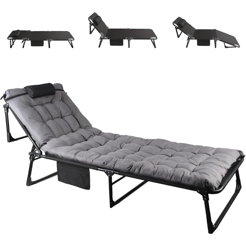 Folding Camping Cot, Adjustable Camping Cot for Adults, Portable Reclining Lounge Chair with Mattress/Pillow,