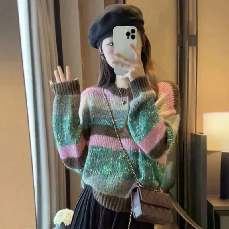 الخريف الشتاء أزياء الرجعية مخطط جولة الرقبة طويلة الأكمام فضفاضة عارضة محبوك سترة للنساء #3