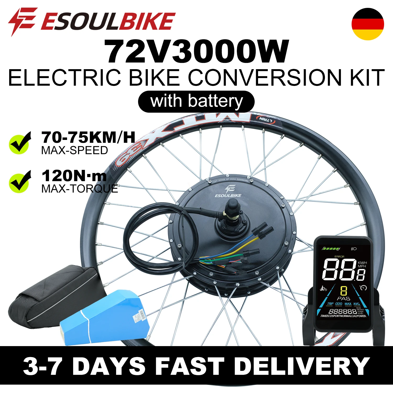 Kit di conversione per e-bike con motore posteriore ESOULBIKE 72V 3000W, motore a mozzo posteriore senza spazzole e senza ingranaggi con cerchio MTX e batteria al litio da 72V 30Ah, compatibile con