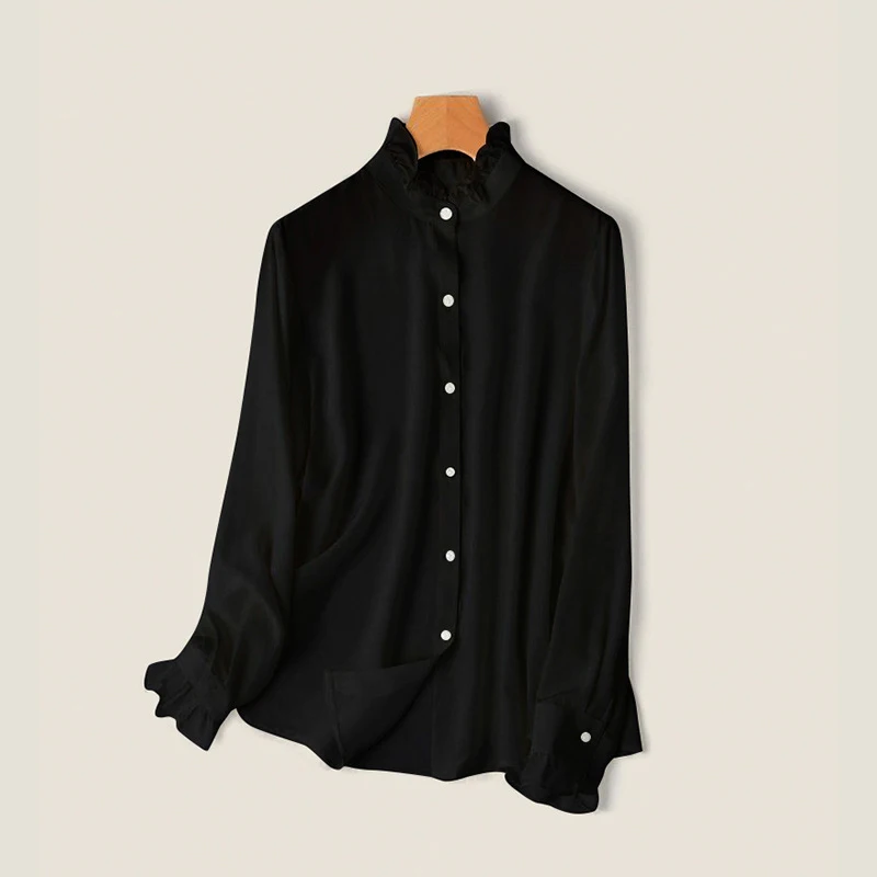 Women 100% Mulberry Silk Blouse Long Sleeve Ruffle Stand Collar Shirt Elegant Commuter Solid Fashion Luxury Silk Tops For Ladies