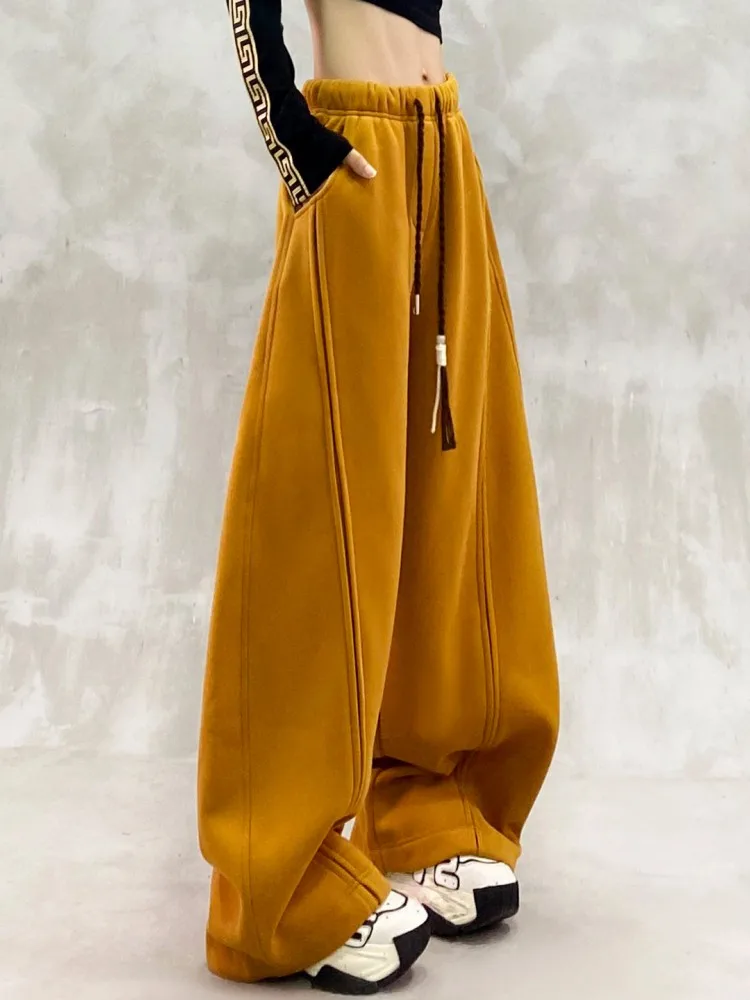 Winter Women New Versatile Fleece Wide Leg Pants Patchwork Stripe Thin Loose Fit High Waist Drawstring Casual Solid Color Ladies