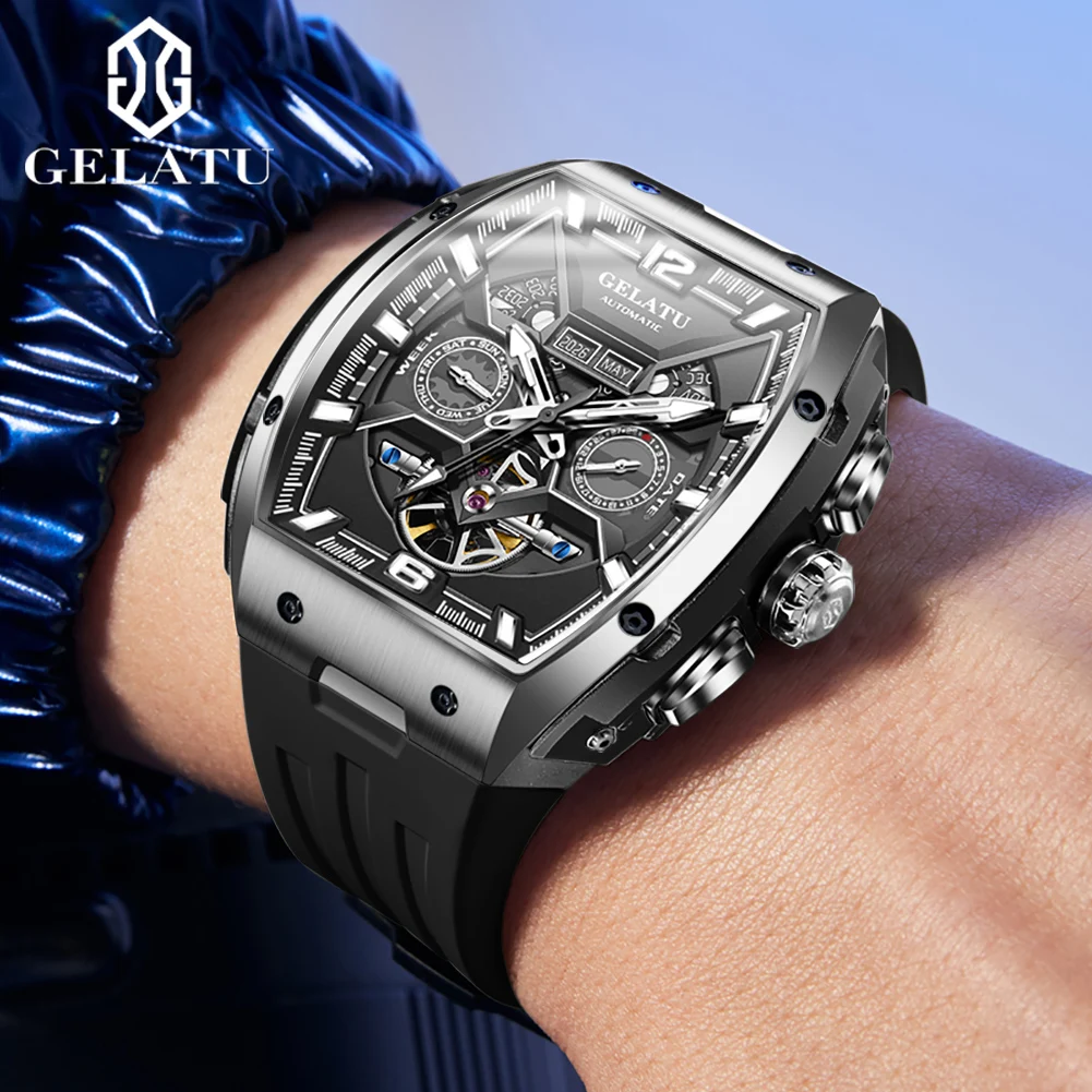 GELATU 6013 Men\'s Watches Multifunctional Calendar Skeleton Mechanical Watch Sapphire Mirror Automatic Watch for Men Fashion NEW