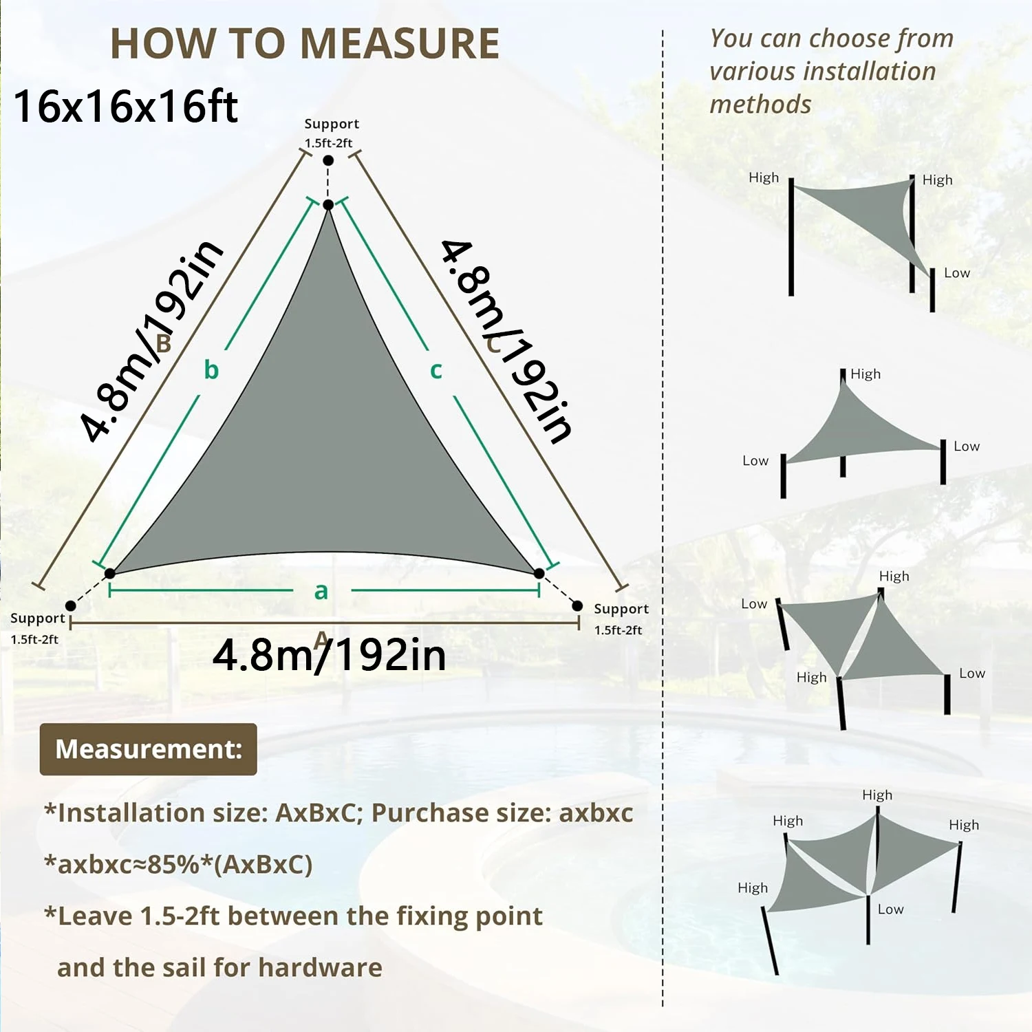 16X16X16ft Triangle Sun Shade Sail, UV Block Breathable Awnings with Wear Tear Fade Resistant Ropes, Durable Sunshades for Outdoor Patio, Garden, Deck, Yard (Gray)