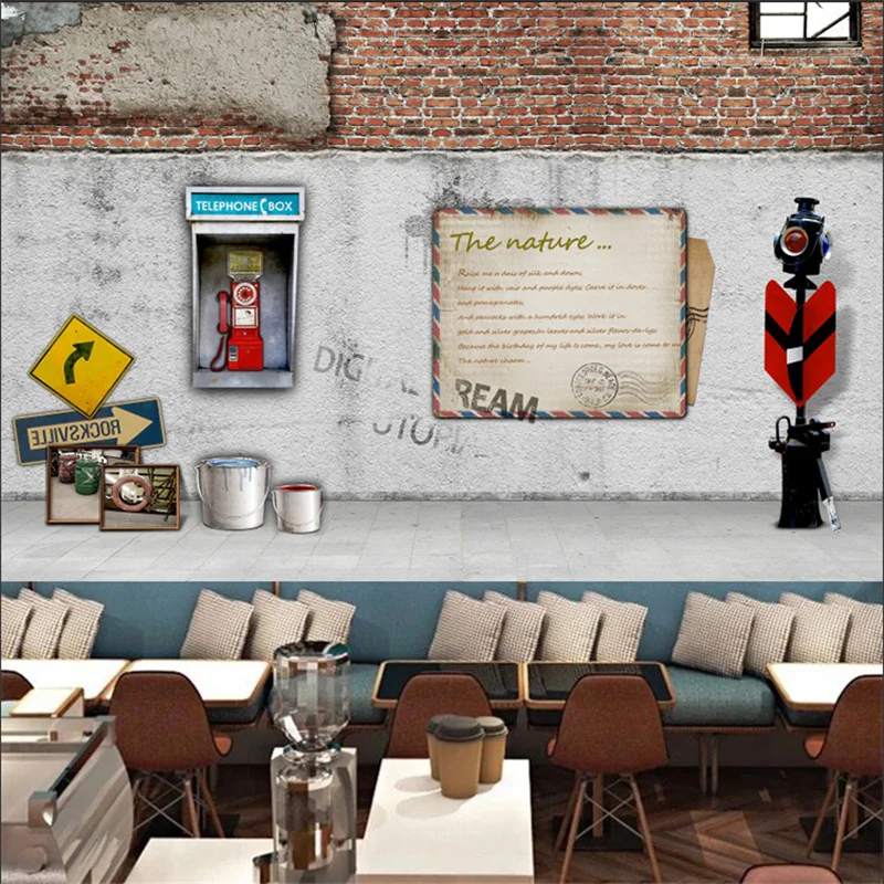 

Retro British Style Envelope Arrow Red Street Lamp Telephone Booth Brick Wall Mural 3D Bar Cafe Restaurant Background Wallpaper