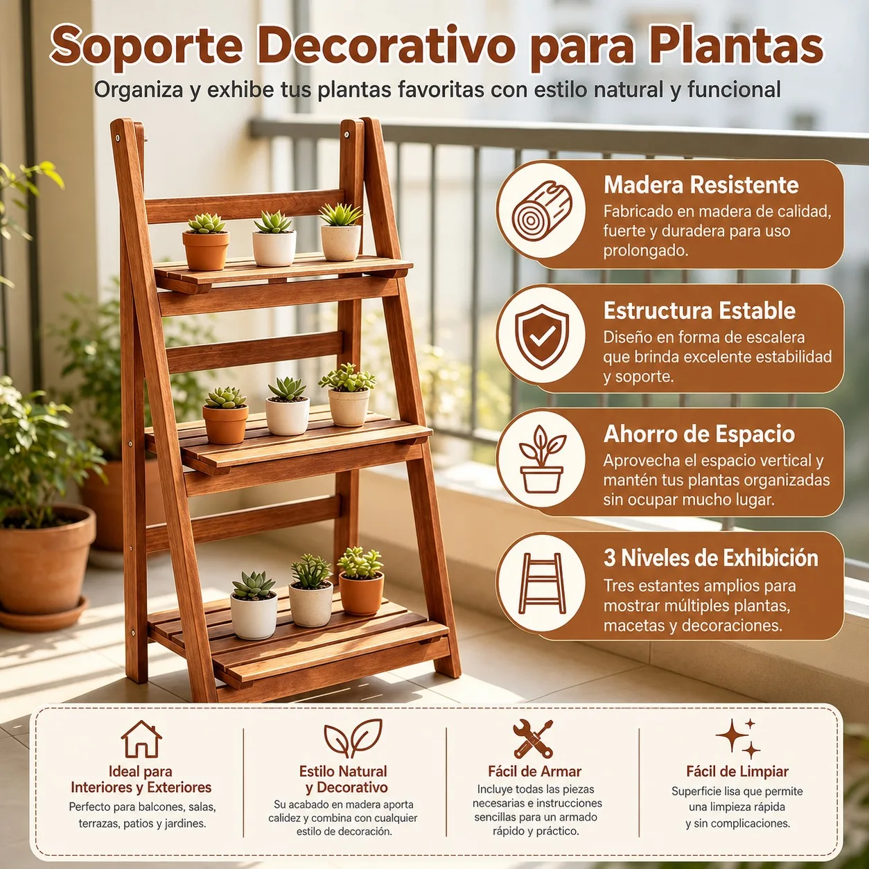 Support à plantes en bois à 3 niveaux, support décoratif pliable pour pots de fleurs d'intérieur et d'extérieur, organisateur de fleurs pour balcon et jardin, dimensions 80x41x25cm