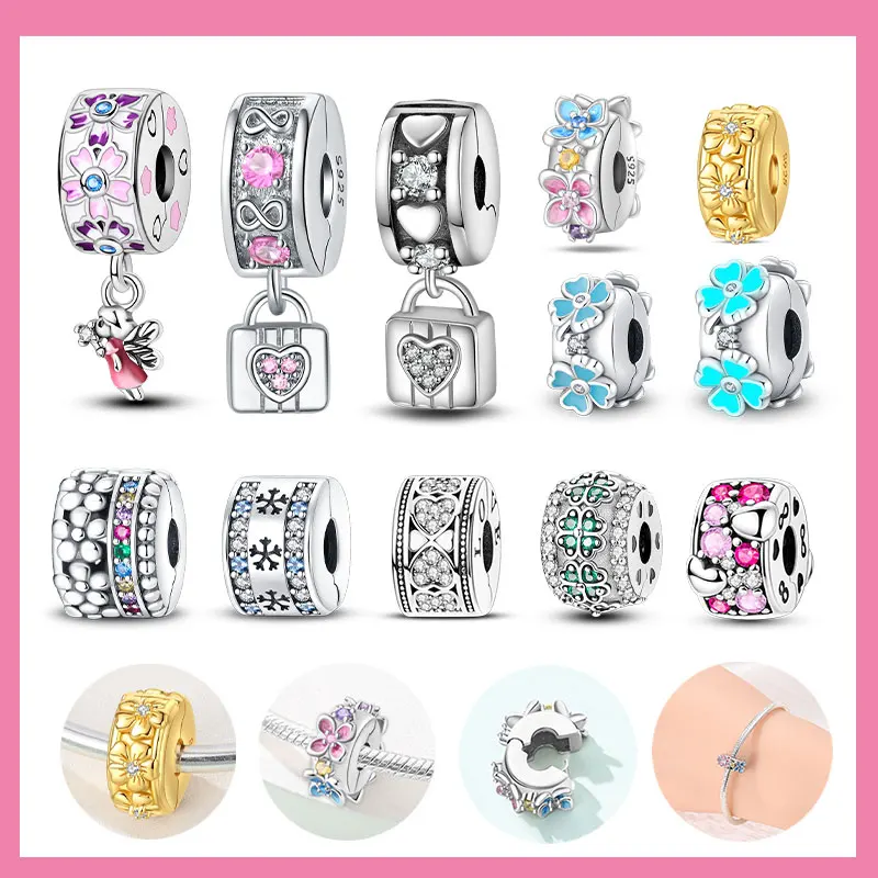 925 Silver Inlaid Zirconium Flowers Four Leaf Clover Feathers Love Box Clip Charms Spacer Beads Fit Bracelet DIY Jewelry Marking