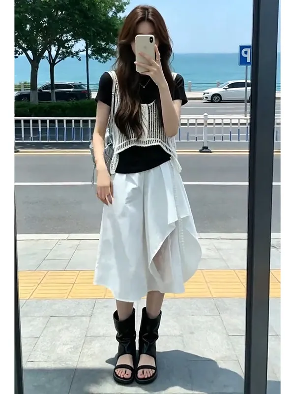 

American Style Elegant Three Piece Set Women's Irregular Lace Splicing Pants White Vest Black Short Sleeve T-Shirt Fashionabl...