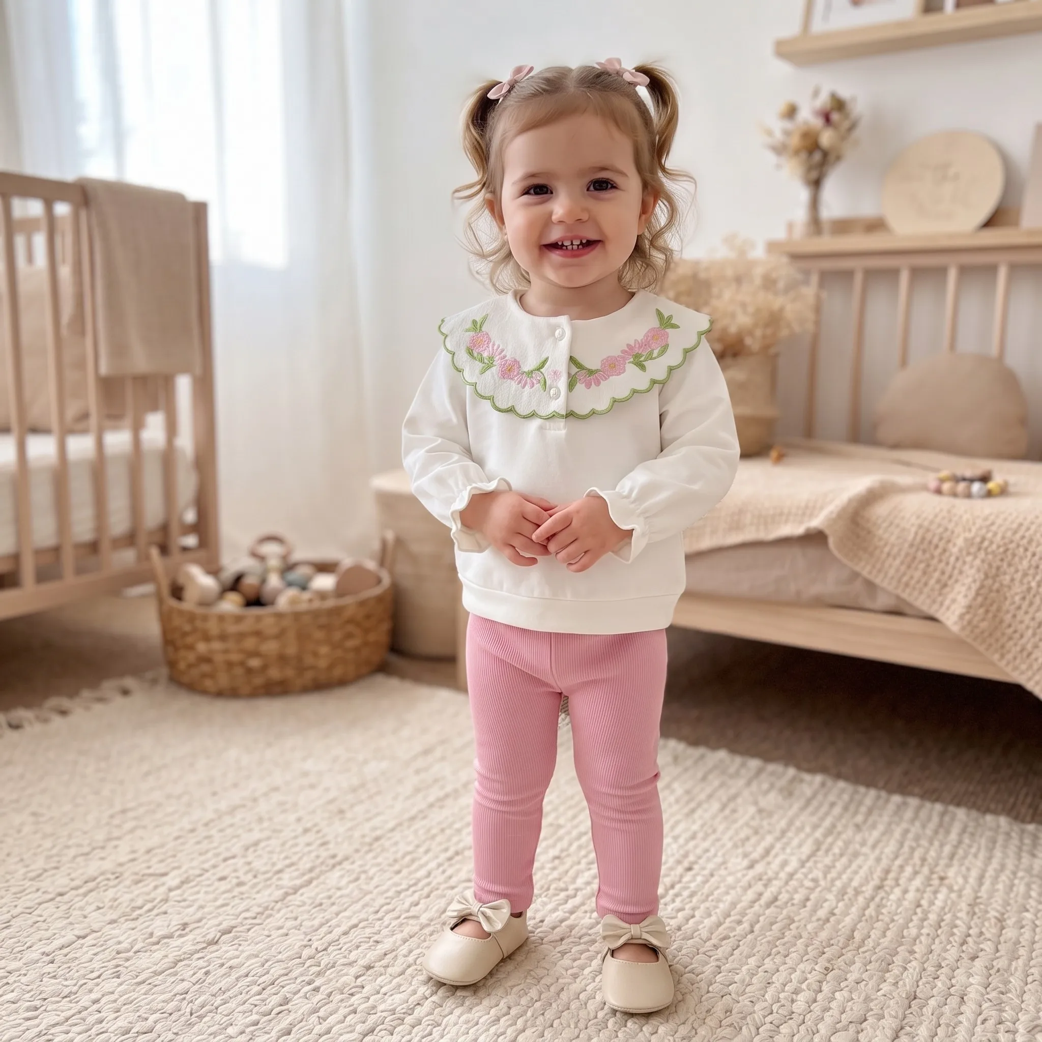 Baby Girls Floral Embroidery Scalloped Collar Set, Infant Ruffle Lantern Sleeve Top & Pink Ribbed Leggings 2Pcs Outfit