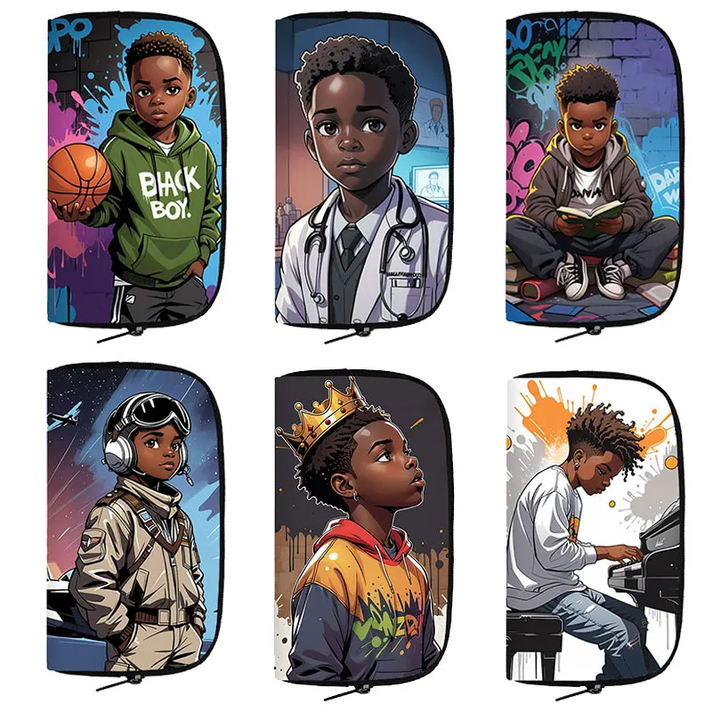 Afro Black Boy with Crown Long Wallet Black King Doctor Astronaut Pilot Coin Purse Storage Bags Women Simple Holder Money Bag