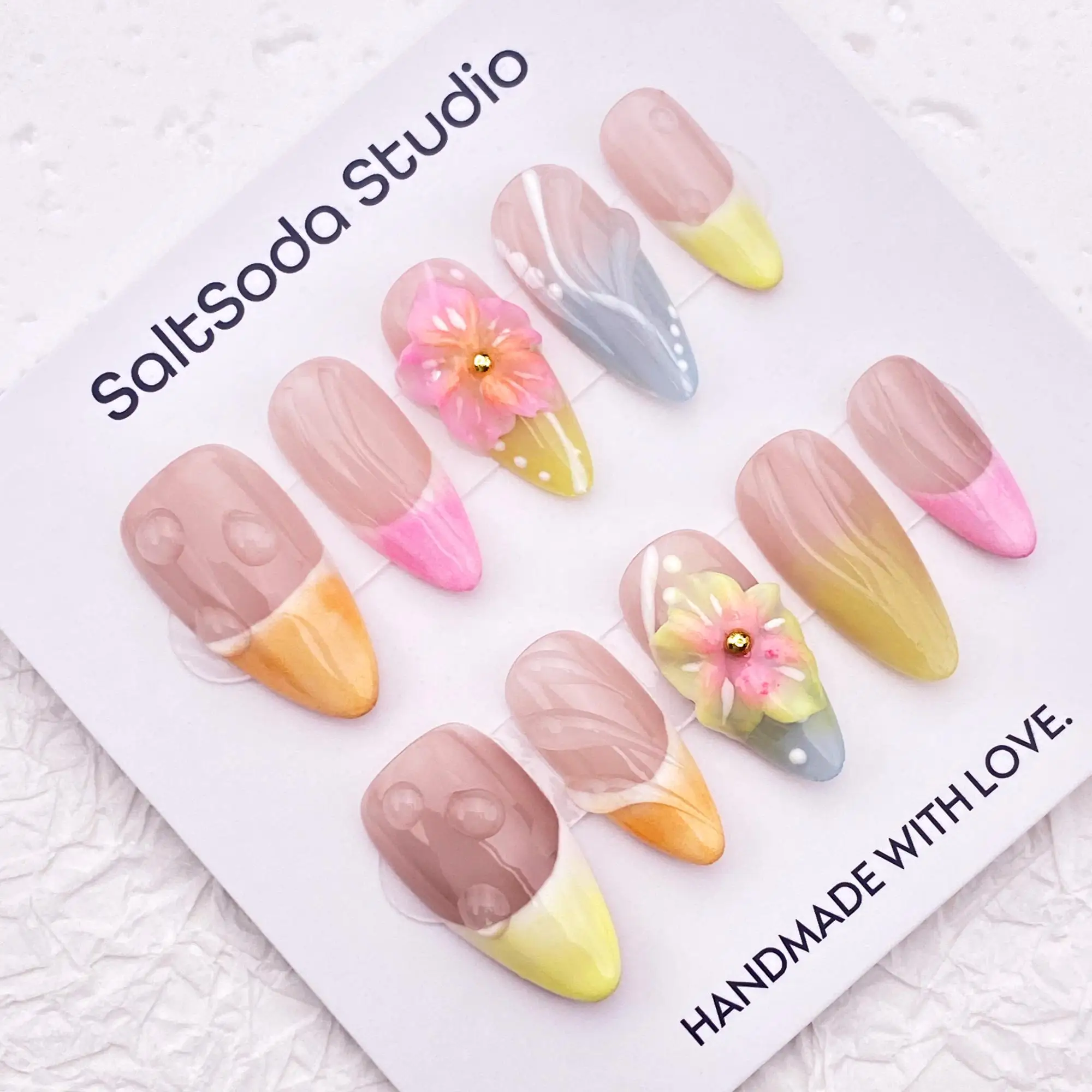 

3D flower rainbow gradient hand-pressed nail art, hand-painted false nails, artist artificial nails, reusable high-quality nails