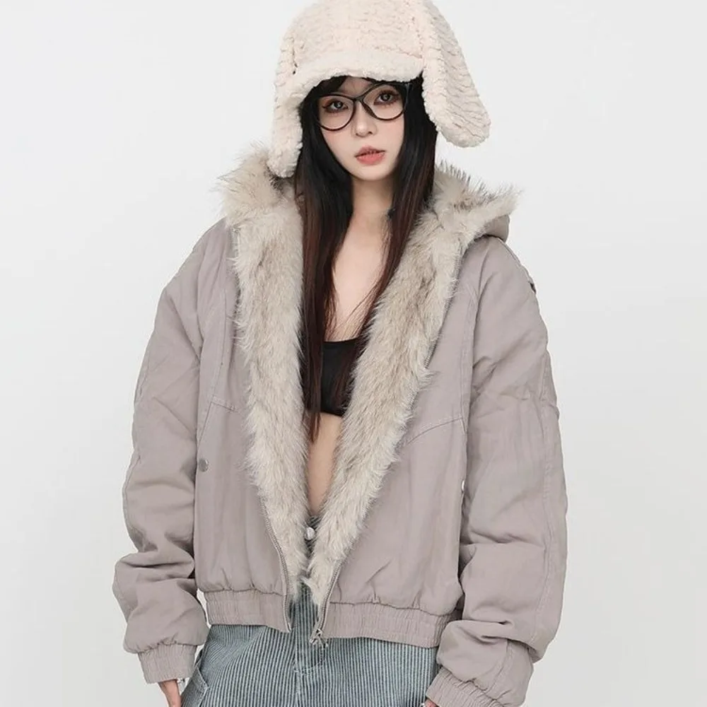 

American Retro Long Sleeve Hooded Parkas Faux Fur Collar Women Casual Sweatshirt Subculture Solid Color Vintage Style Autumn