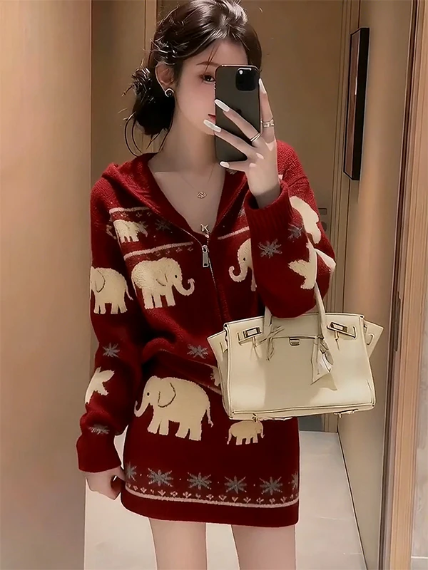 

Ladies Knitted Floral Set Red Lazy Style Autumn Winter Fashion Age Reduction Matching Top Skirt Two Piece Suit Warm Casual Wear
