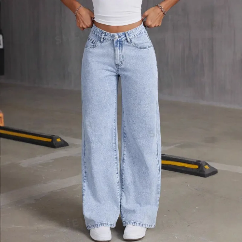 

Women High Waist Wide Leg Jeans 2026 Spring Summer Female Loose Straight Denim Pants Solid Color Lady Floor-Length Long Trousers