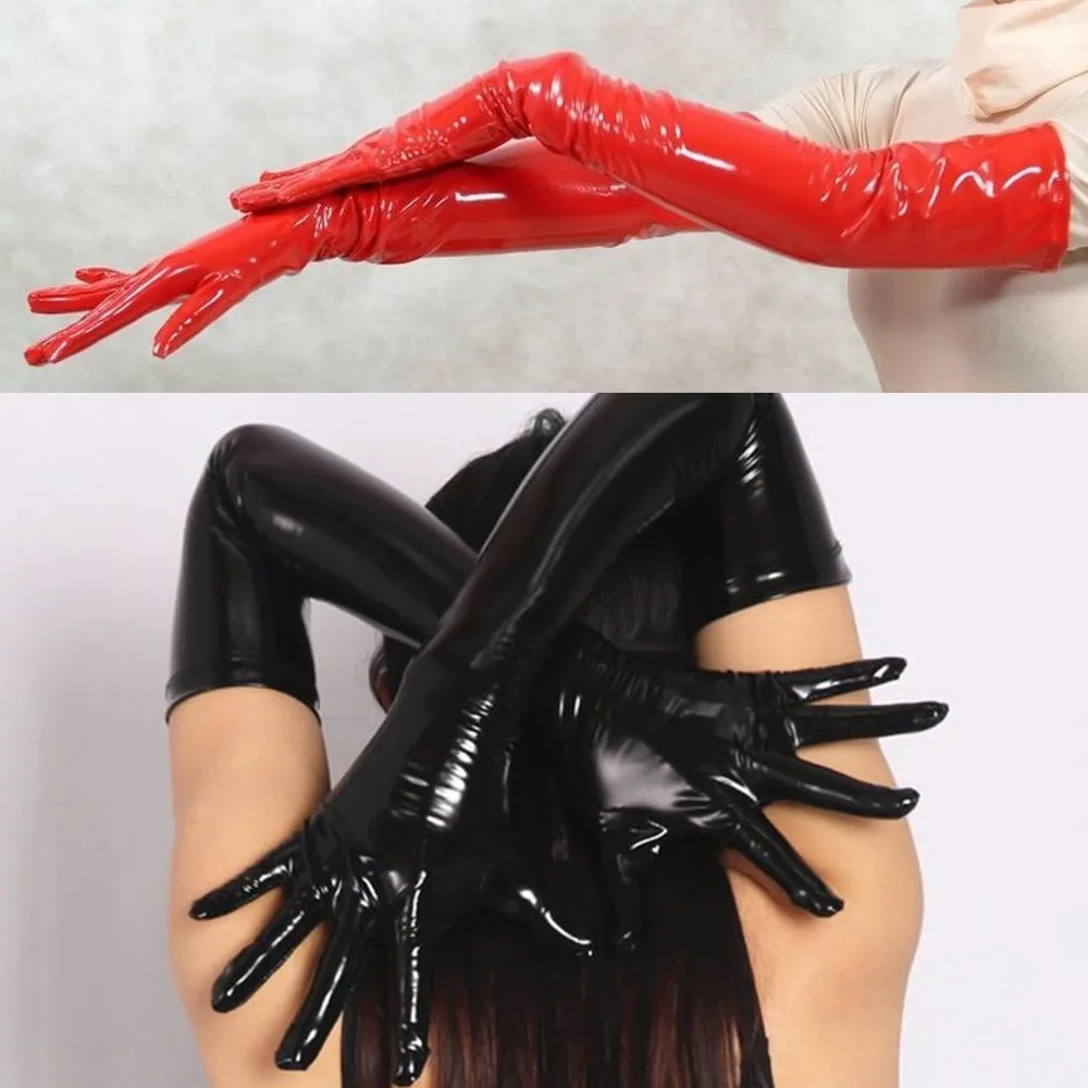 1 Pair Women Ladies Shiny Black Red PVC Long Gloves Clubwear Performance Costume Fashion