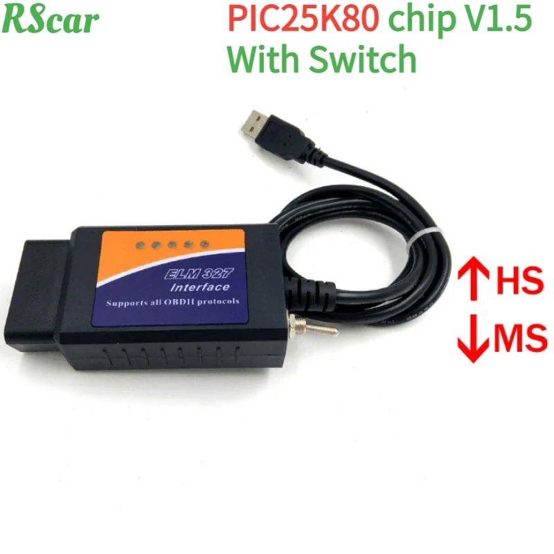 OBDII 자동 코드 리더 OBD2 온보드 진단 도구, ELM327 V1.5 USB 25K80 칩, 스위치 개선, 베스트셀러