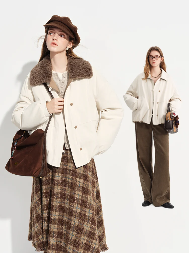 

Fansi Lanen Retro Splice Color Detachable Fur Collar ort Loose Thiened Jaet Women's Commute Sle Winter Coat