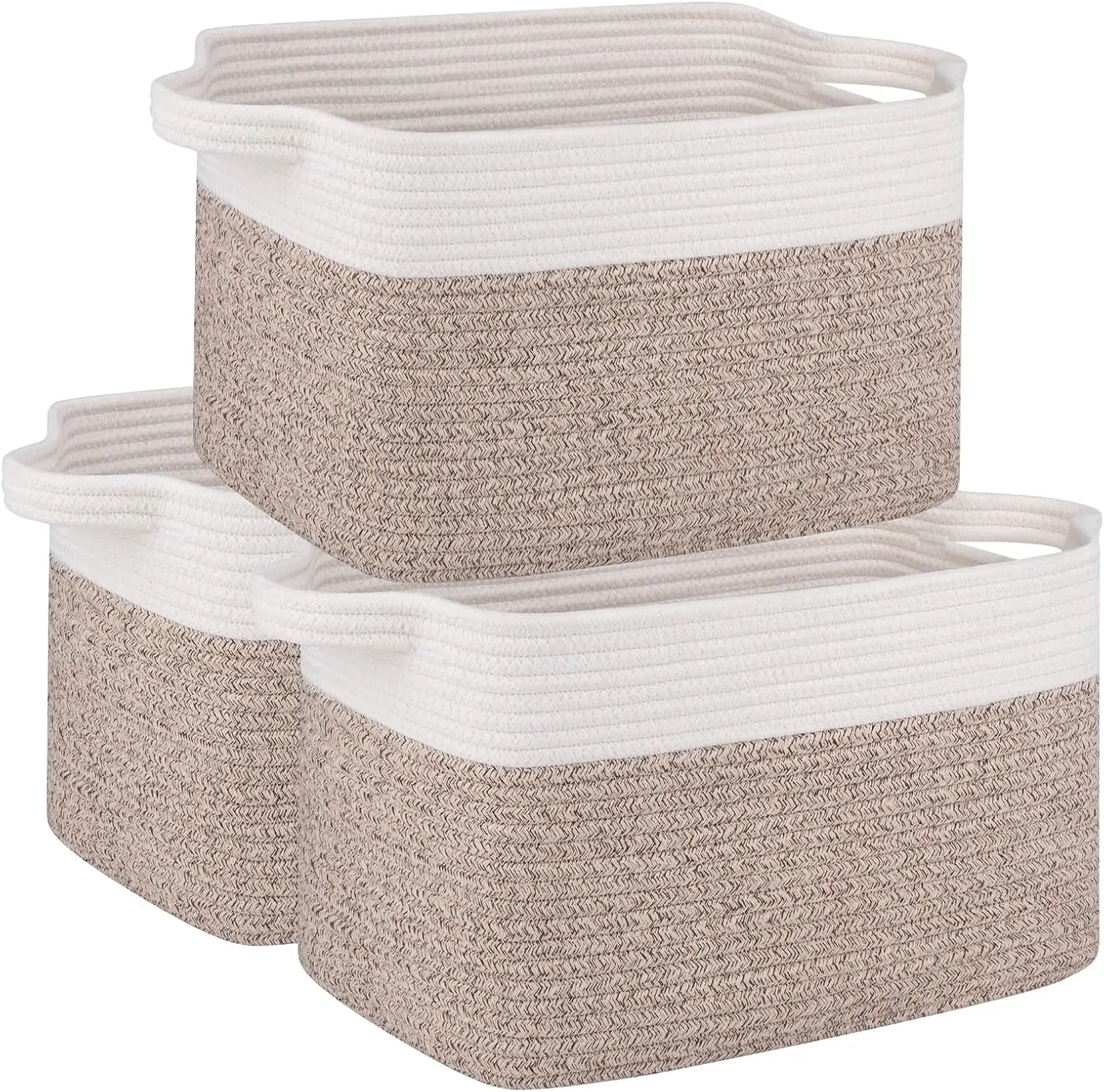 

3 Pack Woven Storage Baskets with Handles, 13x9.85x8.7 Inches for Organizing Toys and Room Decor in White & Brown