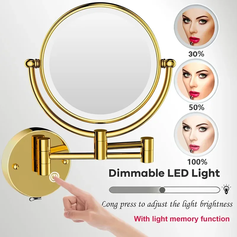 8inches Round Led Folding Bathroom Mirror with 5X Magnifying  Makeup Mirrors Accessories Double Sides Extending Arm Bath Mirrors