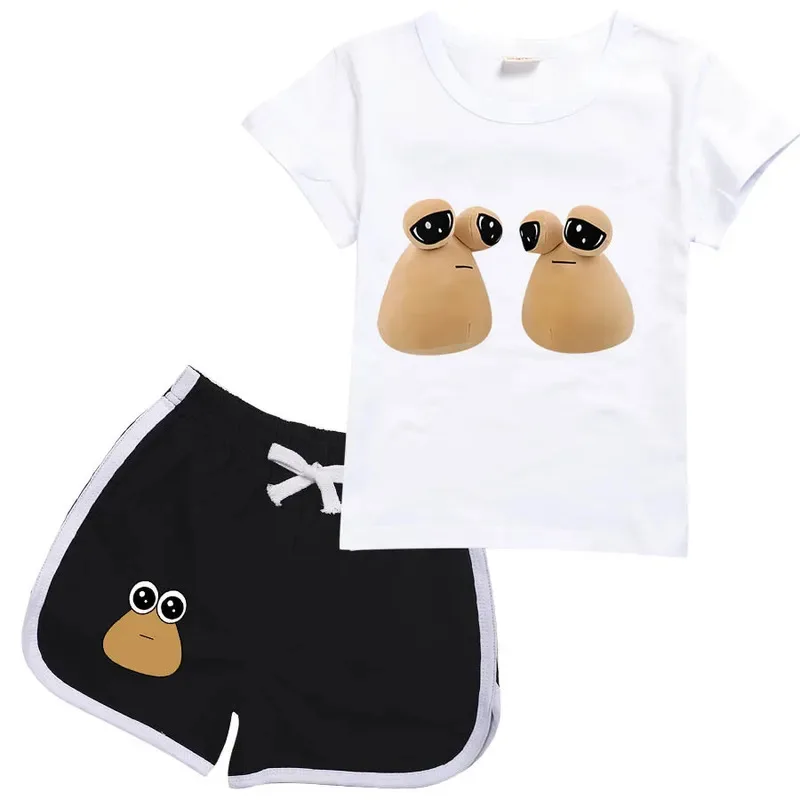 zz04zz12Pou Tee キッズ 面白いアニメ服 夏 ベビーガールズ Tシャツ パンツ セット ティーンエイジボーイ コットン ショートトップス スーツ 子供パジャマ