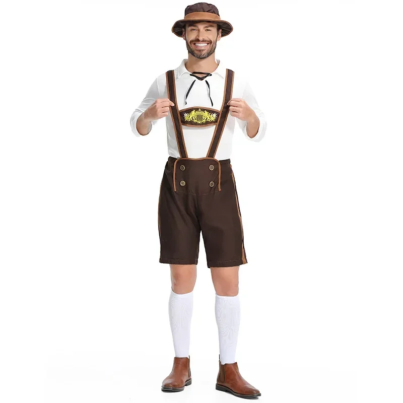 مهرجان أكتوبر زي الرجال مهرجان البيرة البافارية الألمانية لباس أبيض براون Lederhosen قبعة فستان بتصميم حالم ازياء كرنفال الزي