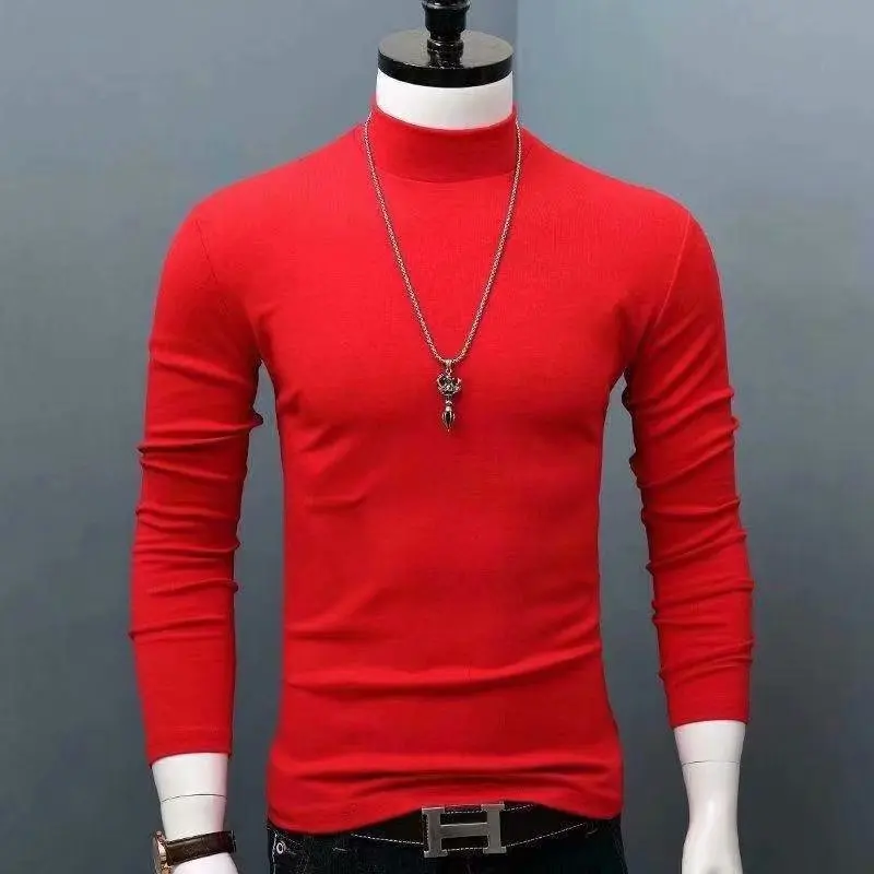 T-Shirts for Men Solid High Collar Slim Fit Thermal Autumn Winter Clothes Yellow Cool Blouse turtleneck Thermal Shirt Male Tops