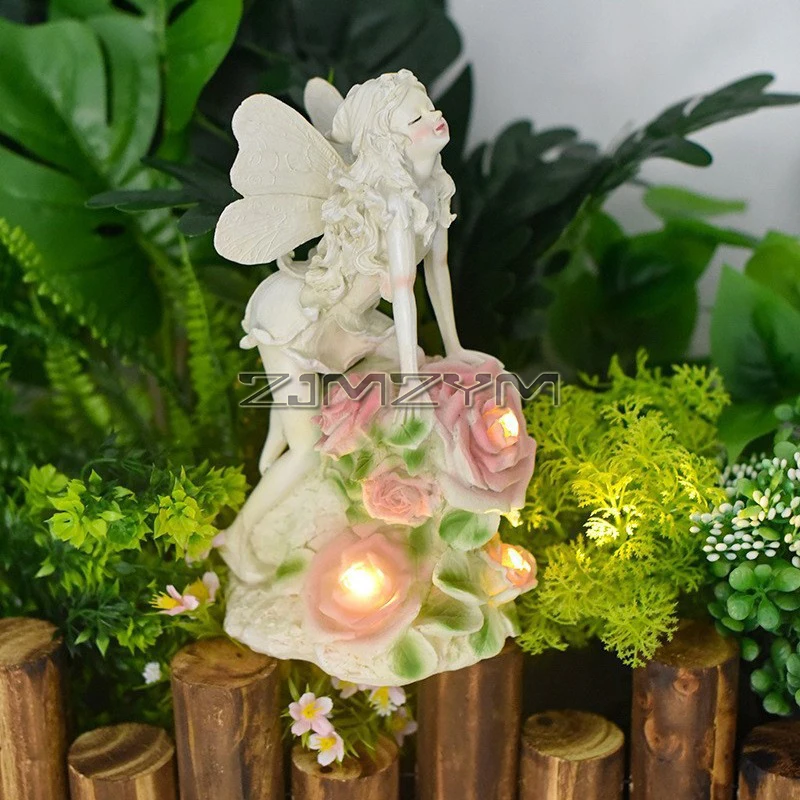 Angel Garden Statue Outdoor, Solar Powered Resin Garden Sculptures Fairy Angel Statues Waterproof LED Lights Yard Art Decoration