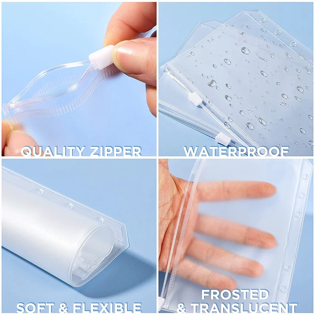 N82R 18 PCS A6 Binder Pockets 6-Ring A6 Zipper Pouch For Budget Binder, Waterproof Plastic Envelope Folders Pouch Bags