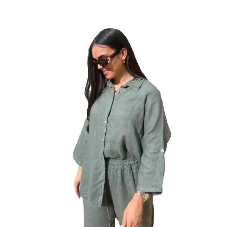 Casual Loose 2 Piece Sets Women Outfit 2024 Fashion Long Sleeve Blouse Shirts Tops And Wide Leg Pant Set Female Clothing Suits