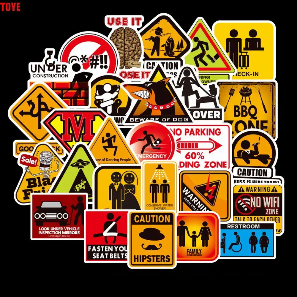 

50pcs Motorcycle Decor Sticker Laptop Guitar DIY Scrapbook Signs Stickers Graffiti Sticker Banning Reminder Danger Warning