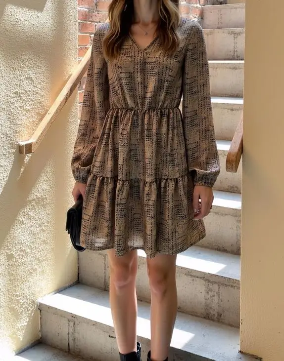 

Autumn Casual Checkered Print V-Neck Slim Fit Long Sleeved Dress for Women, Elegant and Simple Classic A-Line Long Sleeved Dress