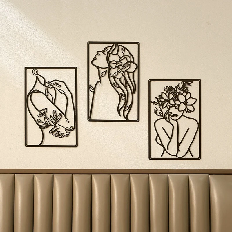 Arte de pared de mujer abstracta minimalista de Metal, dibujo de líneas, decoración de Arte de pared, una sola línea, colgante para el hogar, duradero, 3 piezas