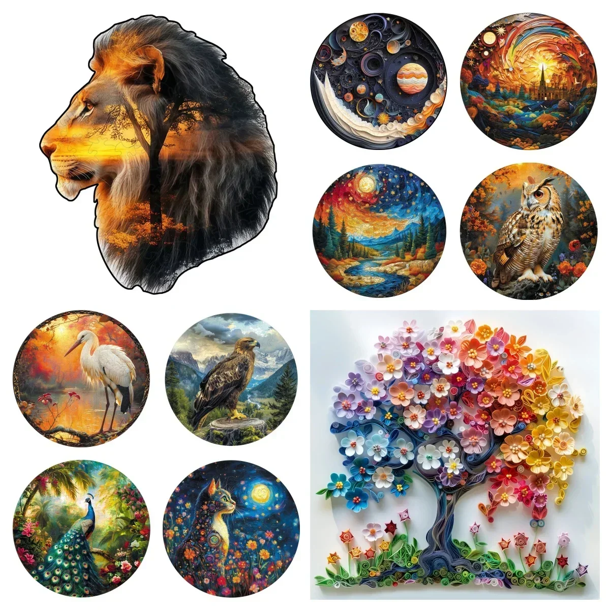 Unique Irregular Shape Wooden Animal Jigsaw Puzzles Lion Owl Landscape Wood Puzzle for Adults Kids DIY Educational Toy Gift