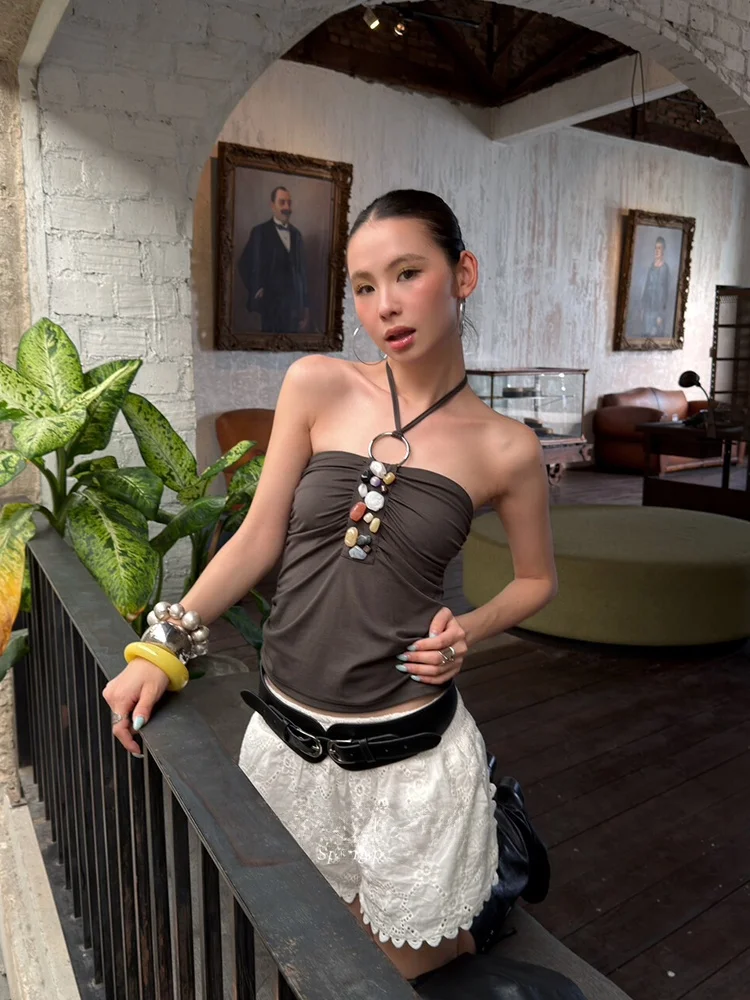 

Летний новый стиль: топ-халтер с бисером для отпуска, женский облегающий короткий сексуальный хлопковый повседневный топ без рукавов с круглым вырезом