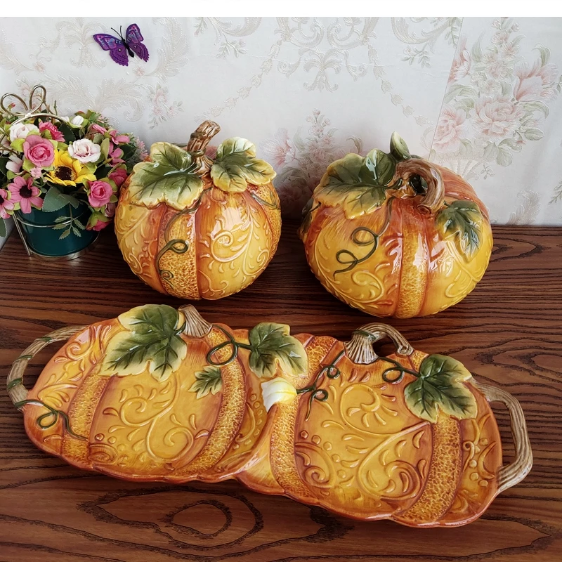 European ceramic hand-painted underglaze color pumpkin one-piece tray coffee table candy snack fruit home decoration pieces