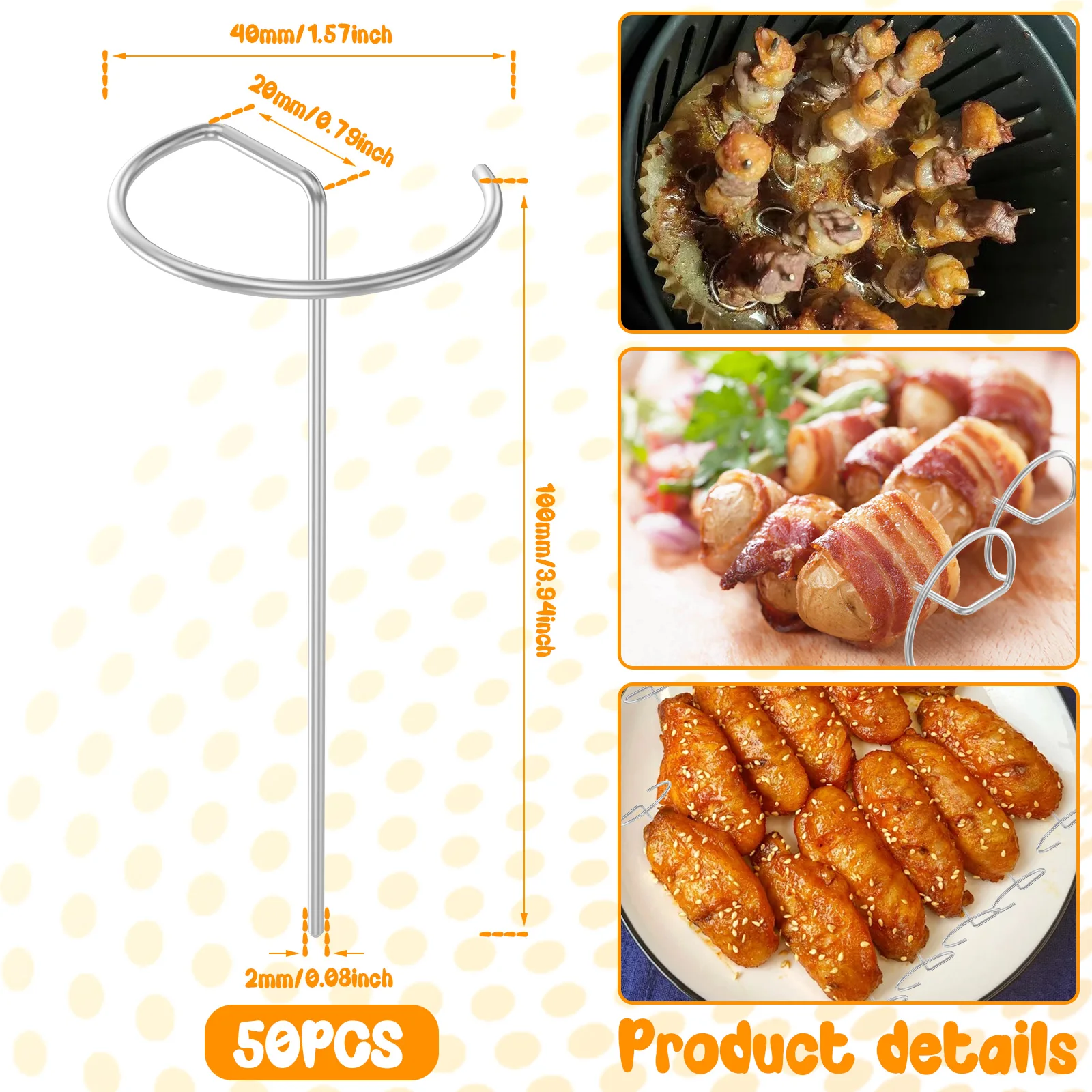 50 قطعة سيخ لحم الطعام سيخ شواء مستدير الشواء كباب توزيع الحرارة أسياخ شواء ستيك لشوي الخبز التخييم #2