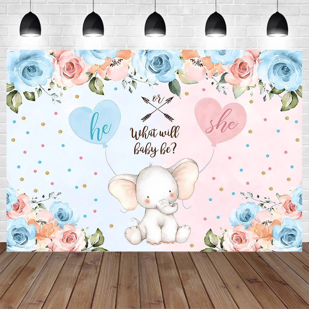 

Elephant Baby Gender Reveal Photography Background Boy or Girl Balloon Flower Dot Backdrop Newborn Birthday Party Studio Props
