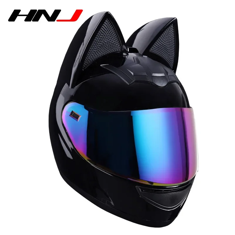 HNJ Motorcycle Helmet Cute Cat Ears Available Four Seasons Riding Motorcycle Helmet Full Face Removable Winter Warmth