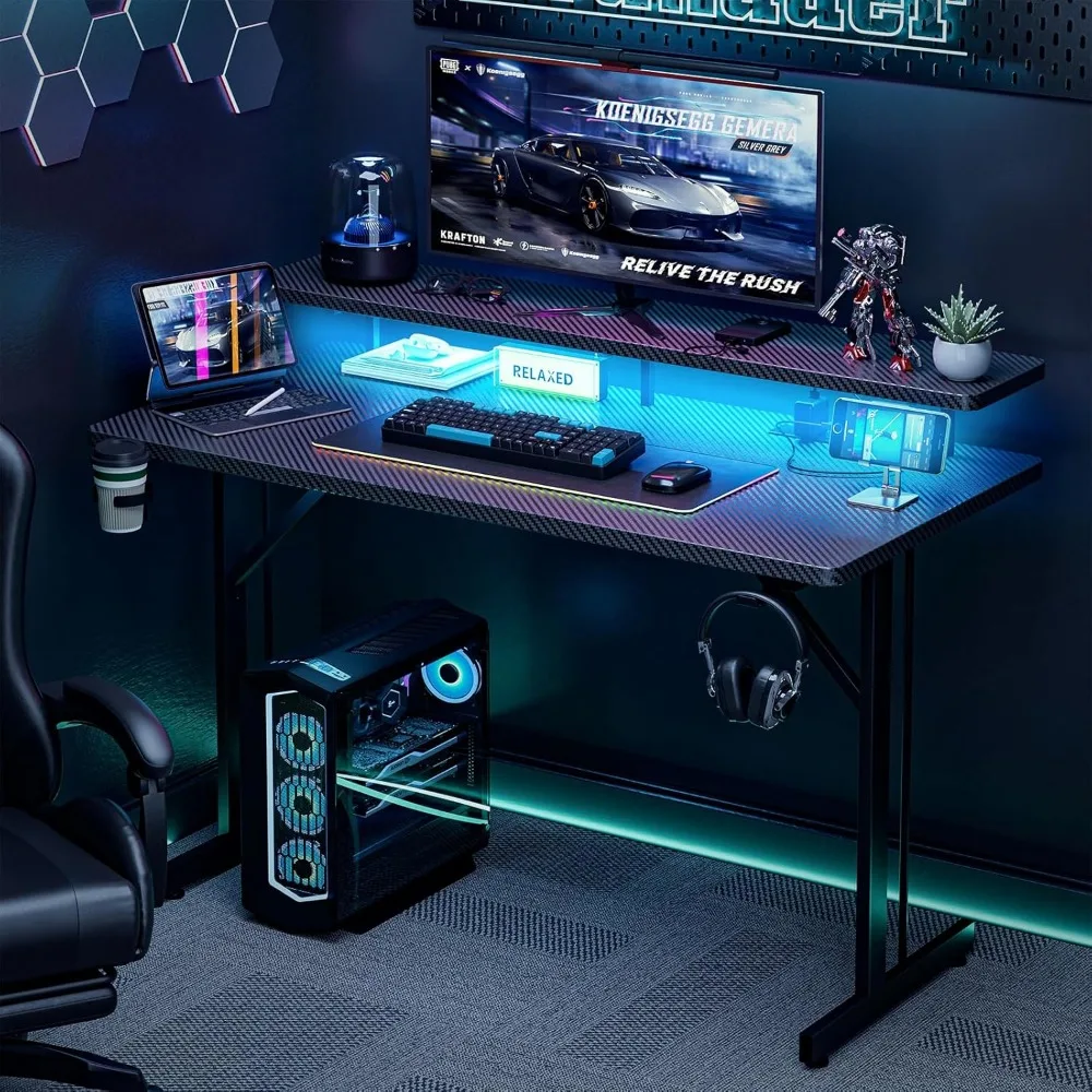 LED-Illuminated 47 Inch Gaming Desk with Power Outlets and Monitor Stands, Ergonomic Computer Desk for Gamers with Cup Holder an