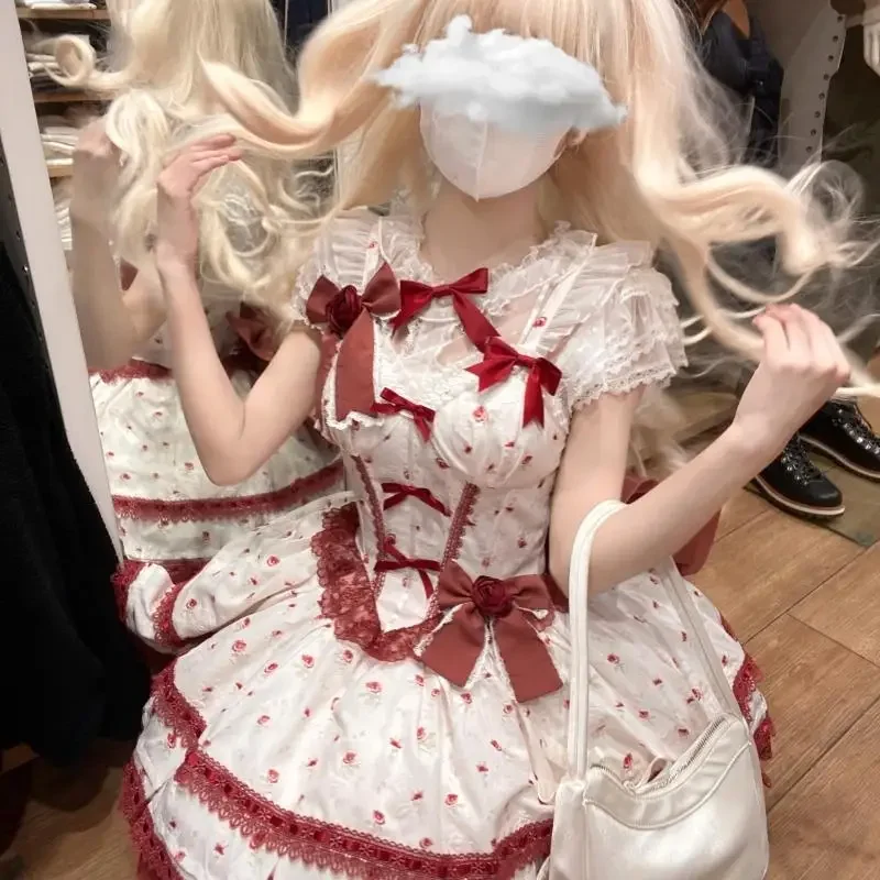 Damska Urocza Sukienka Lolita na Ramiączkach z Koronkowym Wykończeniem i Kokardą, Słodka Sukienka JSK z Przezroczystą Siateczkową Koszulą, Wyszczuplająca Sukienka Księżniczki dla Dziewcząt na Lato