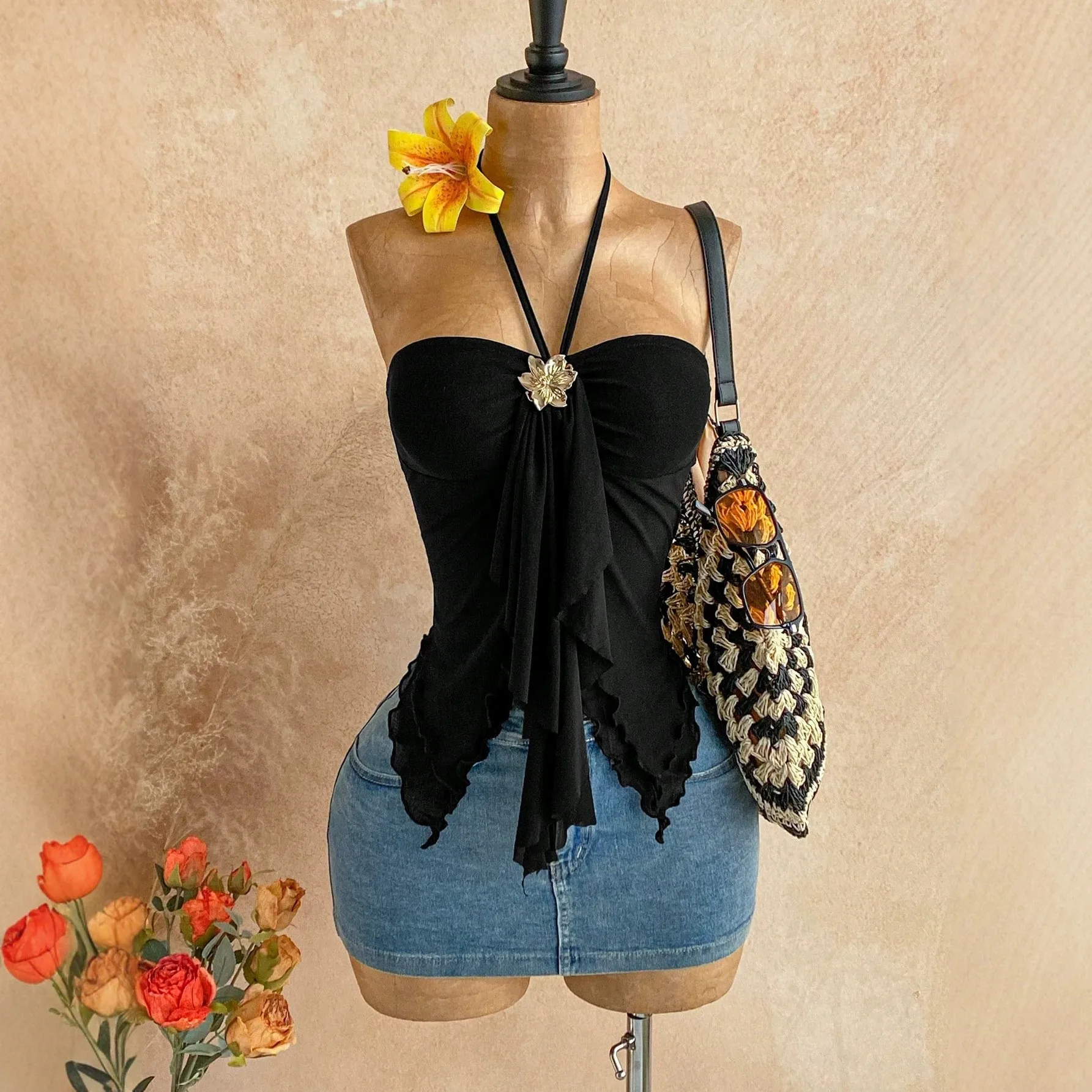Women's Summer Halter Neck Backless Fitted Bodycon Camisole Solid Color Regular Length Mesh Top Female Clothing Woman Clothes