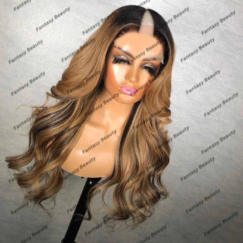 Natural Remy Highlight Copper Brown Blonde Human Hair 1x4 Size V Part Wigs for Black Women Ombre Honey Brown V Part Wigs Daily