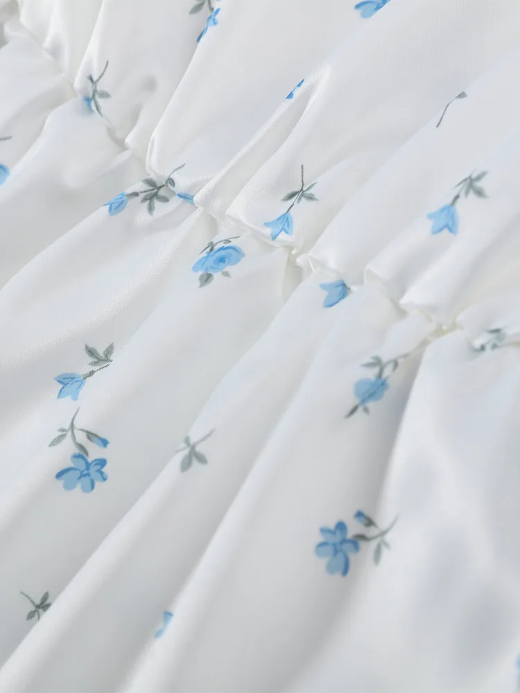 Bedrucktes Minikleid mit tiefem V-Ausschnitt, langen Ärmeln und Taillenband – Sexy Damenkleid mit Puffärmeln und Schleifen – Schicke Damenroben – Detail 4