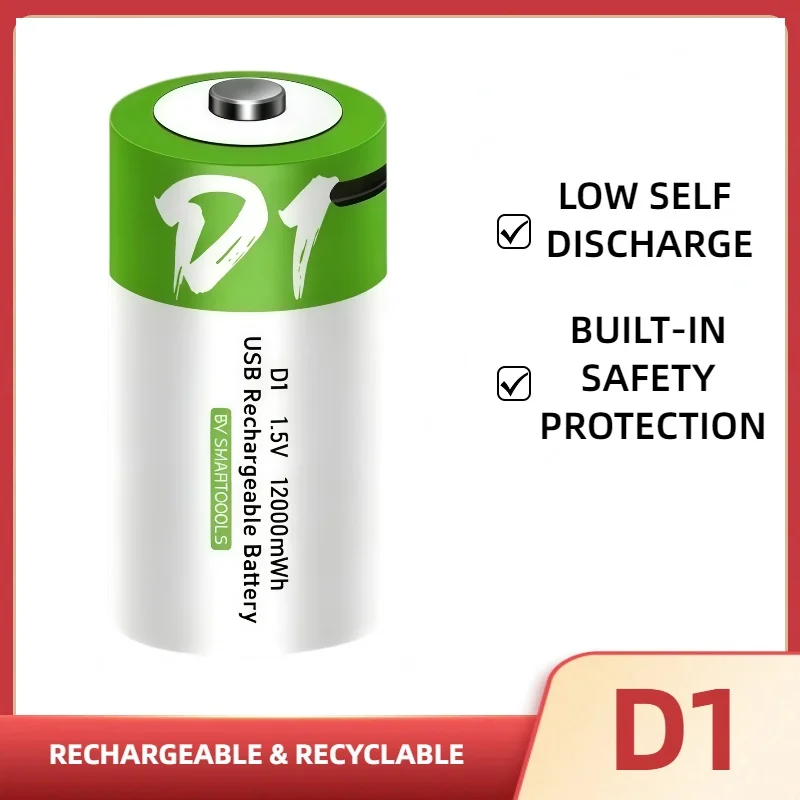 1.5V LR20 12000mWh D1 Size Rechargeable Lithium Battery With Type-C Charging Cable For Water Heaters And Flashlight Gas Stoves