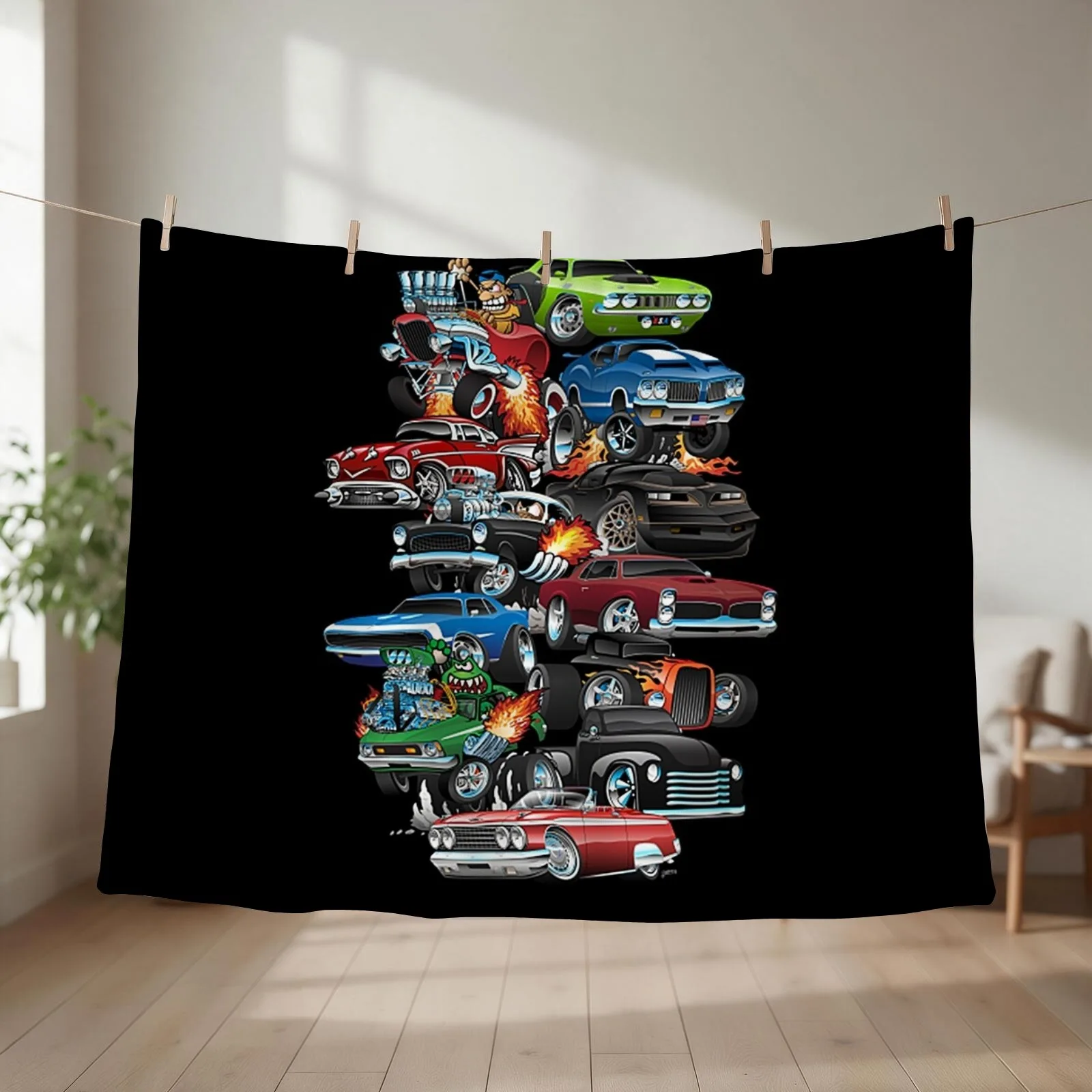 Car Madness! Muscle Cars and Hot Rods Cartoon Throw Blanket couch cozy soft plush fuzzy picnic outdoor blanket