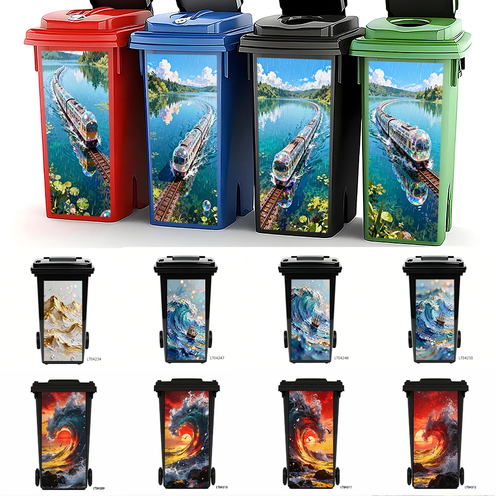 

Magical Train Over Water Trash Can Sticker, Fantasy Landscape Design Waterproof Removable Outdoor Garbage Bin Decor