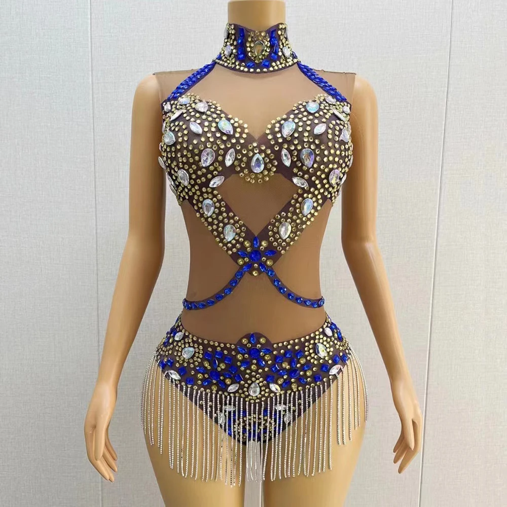 

Women Sexy Stage AB Rhinestones Crystals Chains Fringes Leotard Birthday Celebrate Sleeveless Singer See Through Bodysuit