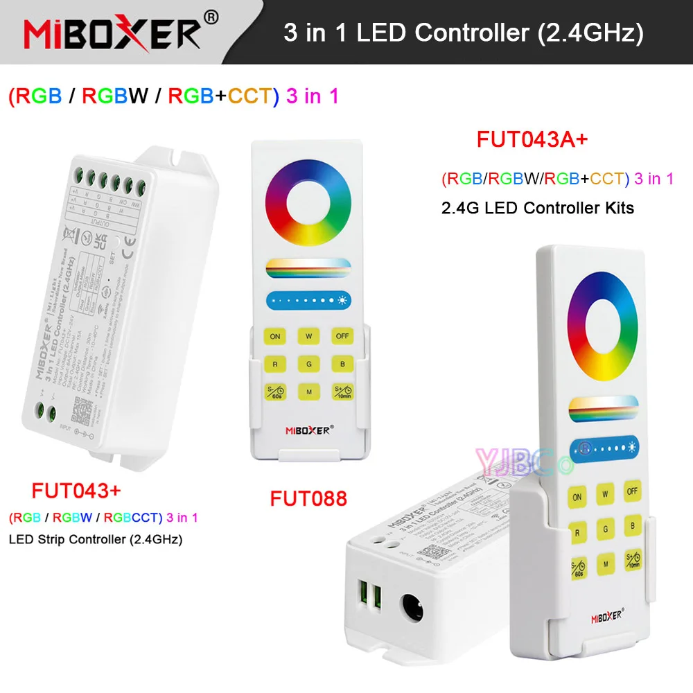 

Miboxer RGB RGBW RGBCCT 3 in 1 LED Strip Controller kit DMX512 RGB+CCT Dimmer switch set 12V 24V Max15A 2.4G RF Remote control