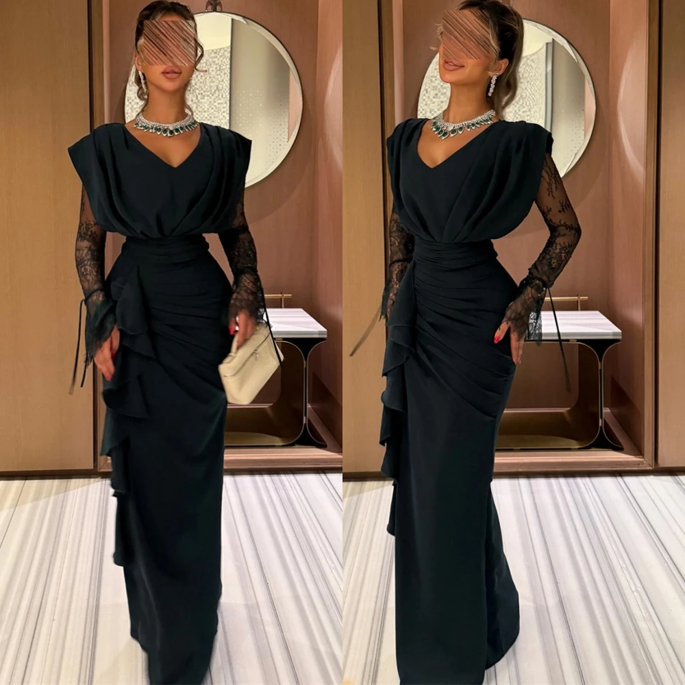 

Customized Luxury Jersey V-Neck Evening Dress Sparkly Mermaid Prom Dresses Classic Lace Long Sleeves Special Occasion Gowns