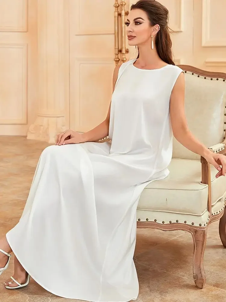 Zwart Wit Satijn Zijdeachtige Shimmer Onder Abaya Jurk Dubai Luxe 2024 Zomer Vrouwen Turkije Islam Moslim Gewaad Vestidos Musulmanes